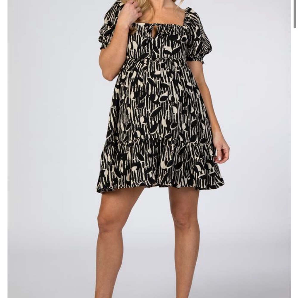 PinkBlush Black Square Neck Ruffle Trim Maternity Babydoll Dress